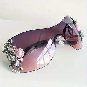 Frameless One-Piece Women's Glasses with Sparkling Accents and Pink Floral Detailing, Gradient Purple to Pink Lenses for Photos and Parties unisex square frame glass Oval Titanium Glasses lens woman men gradient lens rectangle high negative mirror