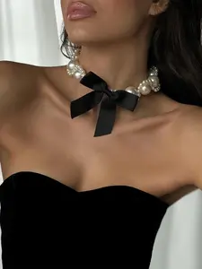 Vintage Imitation Pearl Necklace, Exaggerated Ribbon Bow Pendant, Women's Luxurious High-End Collarbone Chain, Fashion Gift Jewelry, Dainty Fashion Jewelry
