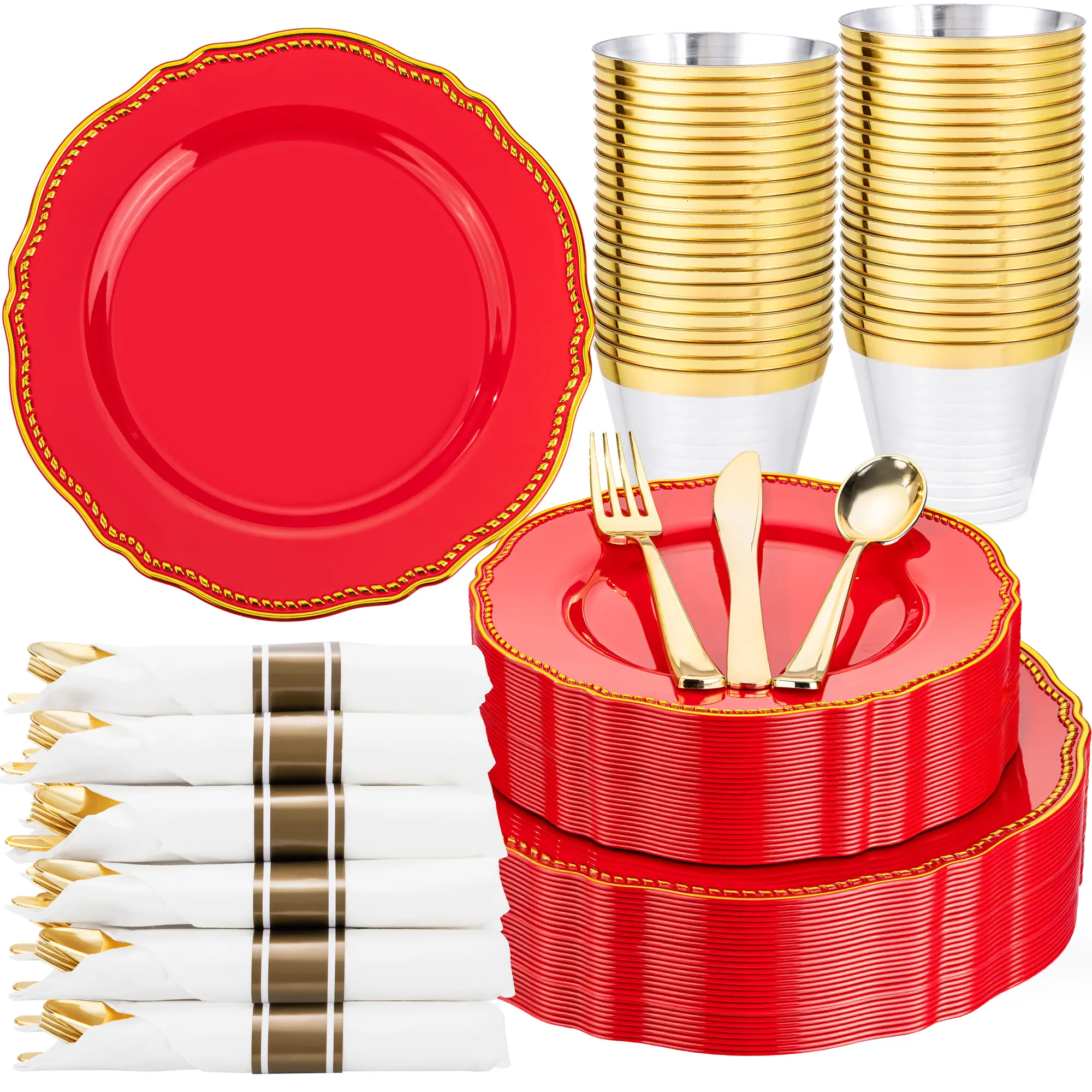 175Pcs Transparent Red Gold Plastic Disposable Dinnerware Set - Red Rim Dinner Plates, Dessert Plates, Cups, Pre-Rolled Napkins for Wedding, Christmas Party (Serves 25 Guests)