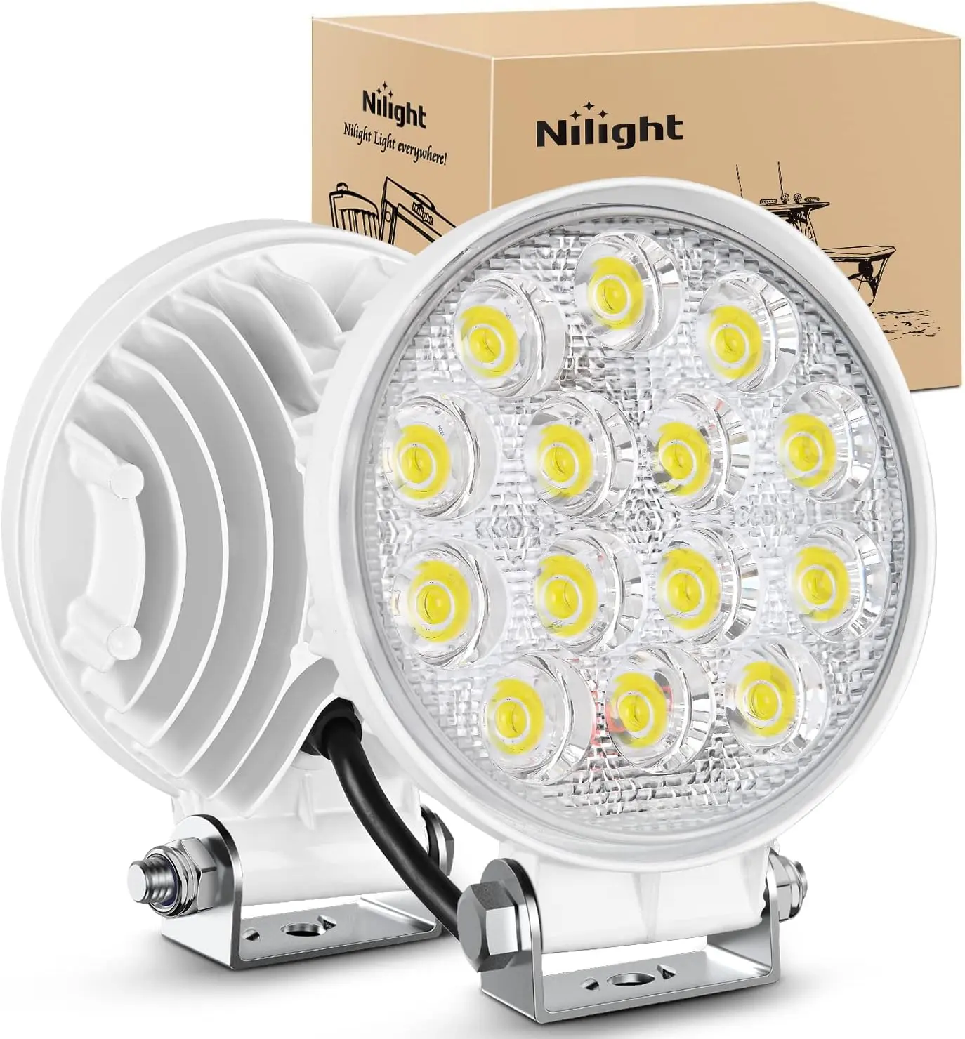 Nilight Waterproof Marine LED Pods, 2Pcs 4.5in 42W 4200LM White Round Flood Beam Lights for Pontoon Boat Deck, Night Fishing, Outboard Motor