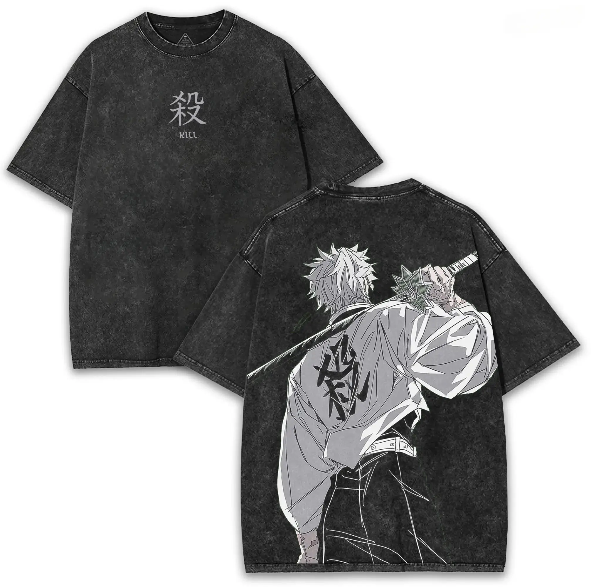 Sanemi Shinazugawa Kimetsu no Yaiba Oversized Washed Vintage Tee Double Printed 260GSM Cotton | Wind Hashira Collector Drop  Washed Streetwear Shirt t shirt soft cotton vintage streetwear unisex t-shirt washed tees for Men and Women