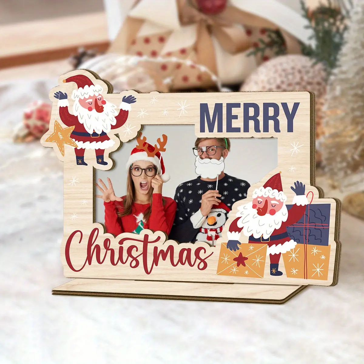 1pc Christmas Theme Wooden Photo Frame, With "Merry Christmas", With a Base Can Stand on the Desktop, Best Christmas Gift choice for Yourself, Family, Desktop Decorative Sign Frame