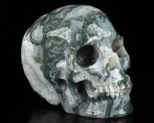 Skullis Crystal Skull, 3.5" Green Moss Agate Hand Carved Crystal Skull, Realistic, Crystal Healing, Fine Art Sculpture, Home Decor