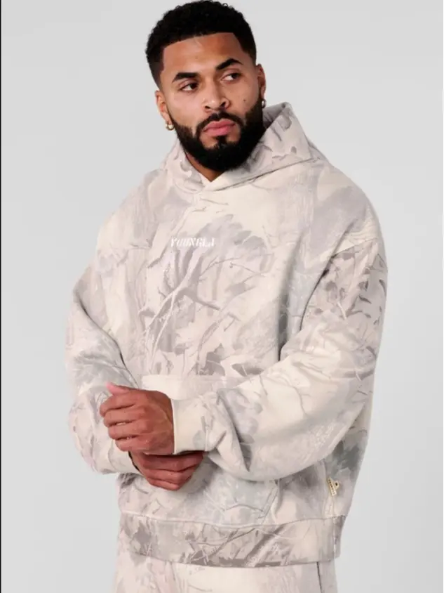 YOUNGLA Tree Camo Collection Pullover Hoodie, Woodland Camouflage Graphic Sweatshirt, Relaxed Fit Camo Hoodie, Outdoor Streetwear Top for Men