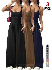 Women's Casual One Piece Ruched Jumpsuits Halter Neck Sleeveless Wide Leg Summer Romper Workout Jumpsuits With Pockets, Womenswear Loungewear