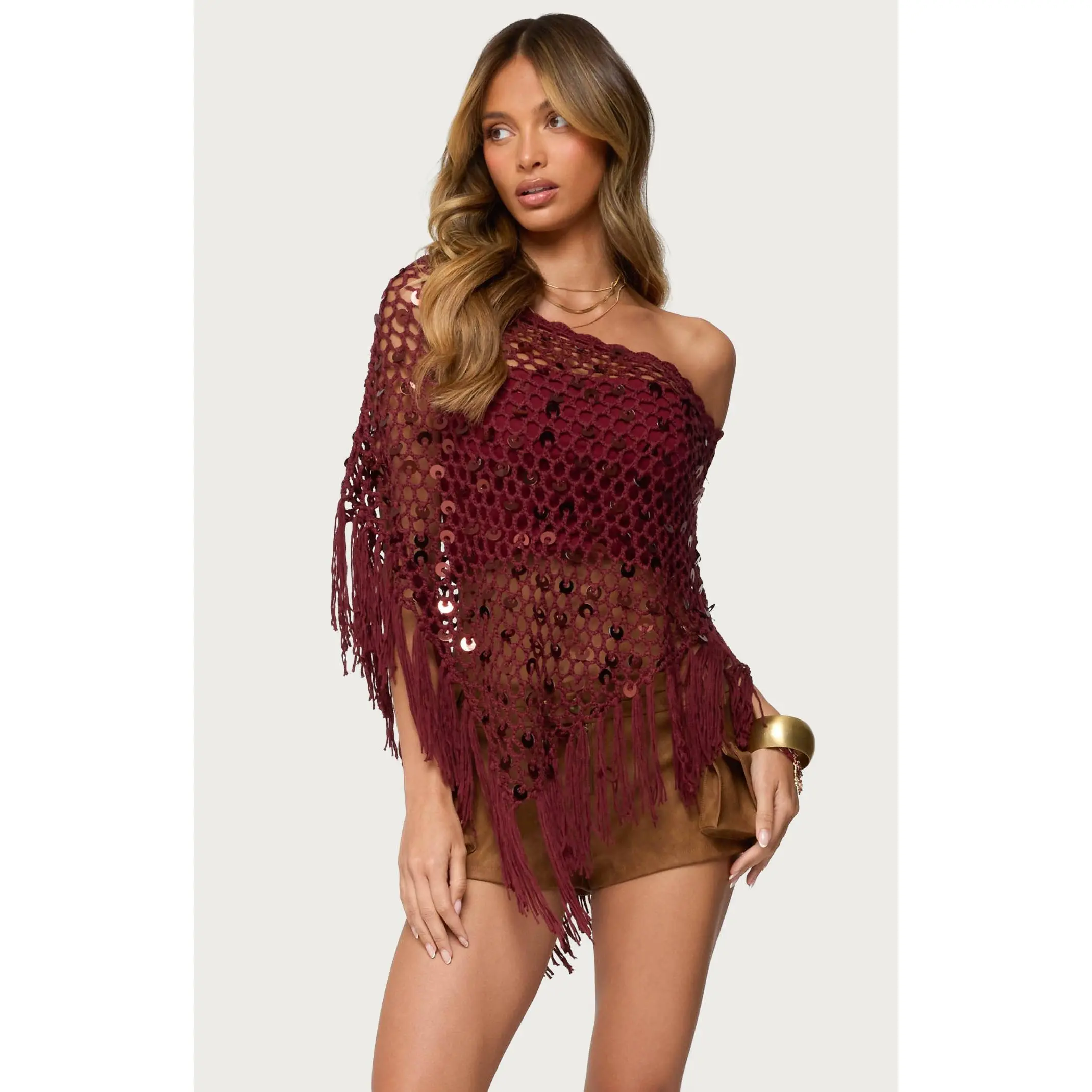 Edikted Women's Fringe Sequin Crochet Poncho