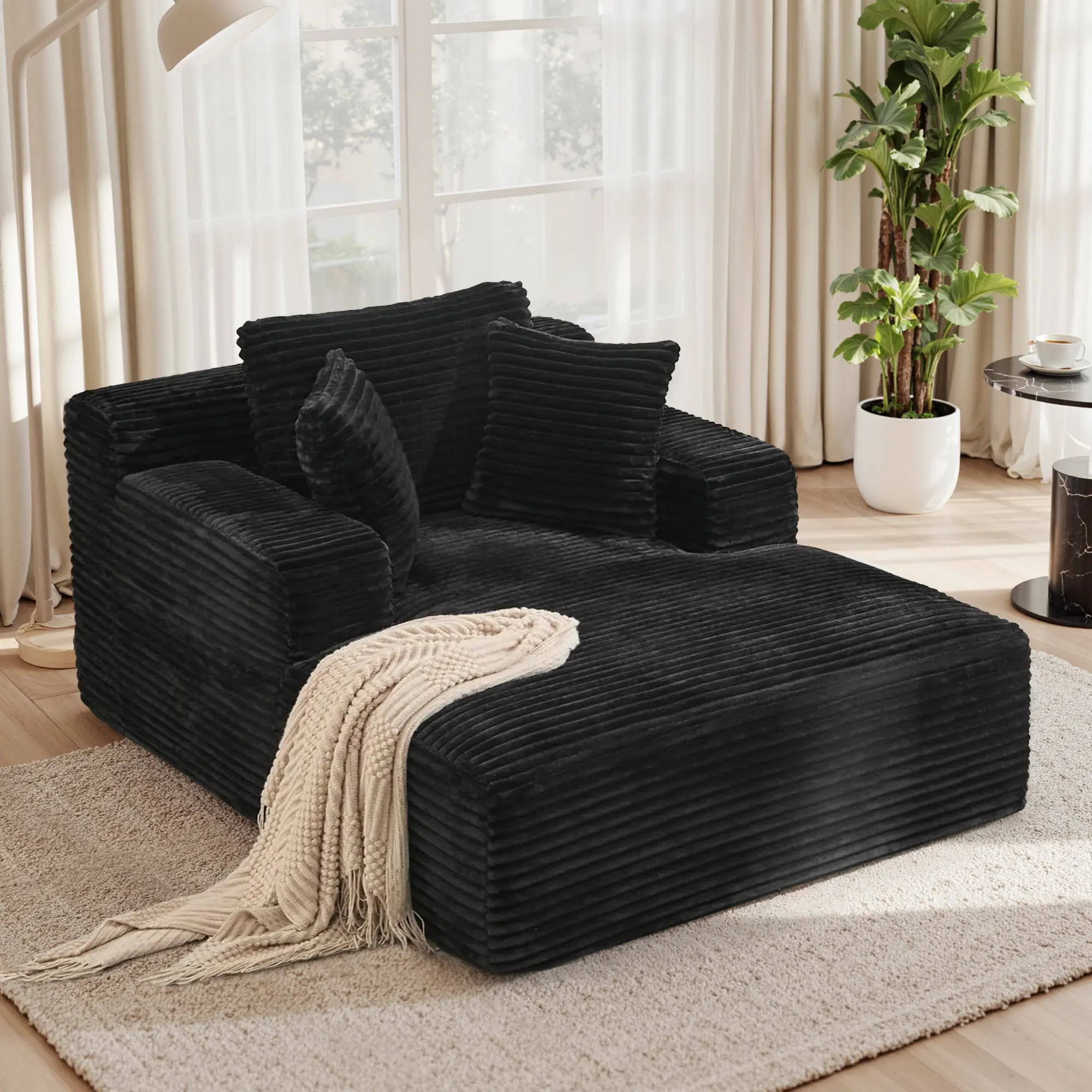 51'' Oversized Chaise Lounge Chair Indoor, Non-Assembly Deep Seat Sofa Bed Corduroy Sleeper Cloud Couch with 2pcs Pillows for Reading Living Room-Gray