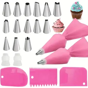 21pcs Piping Bags and Tips set,2 Reusable Silicone Pastry Bag with 14 Stainless Steel Nozzle Icing Tips Set, 3 Icing Smoother & 2 Couplers & Baking Tools Baking Supplies for Baking Decorating Cake Tool (Pink) Pastry Decorative Kit
