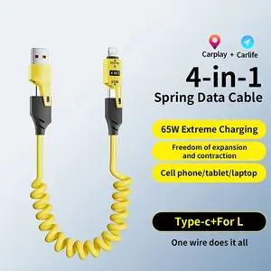 [Fast 4-In-1 Cable] 4-In-1 Fast Charging Cable - 65W Coiled USB-C to Lightning/Type-C, Carplay & Android Auto Compatible, Compact Design, Multi-Device Charging for Iphone, Ipad, Samsung & More