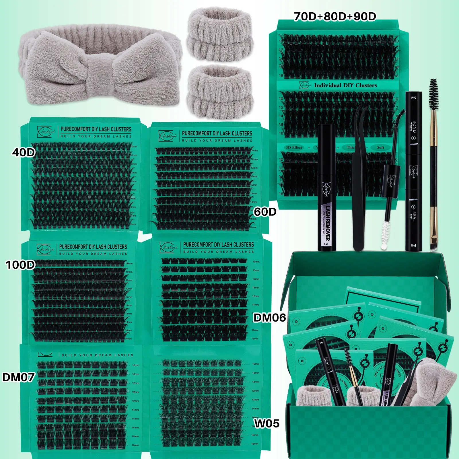 LASHSUN CHRISTMAS GIFT KIT, D Curl Mixed Length DIY Lash Clusters Kit, DIY Eyelash Extensions, Diy Volume Eyelashes, Volume Lashes, Dramatic Volume Eyelash, Lash Volume & 3D Effect Eyelash Clusters with Lash Bond and Seal Lash Remover Lash Brush
