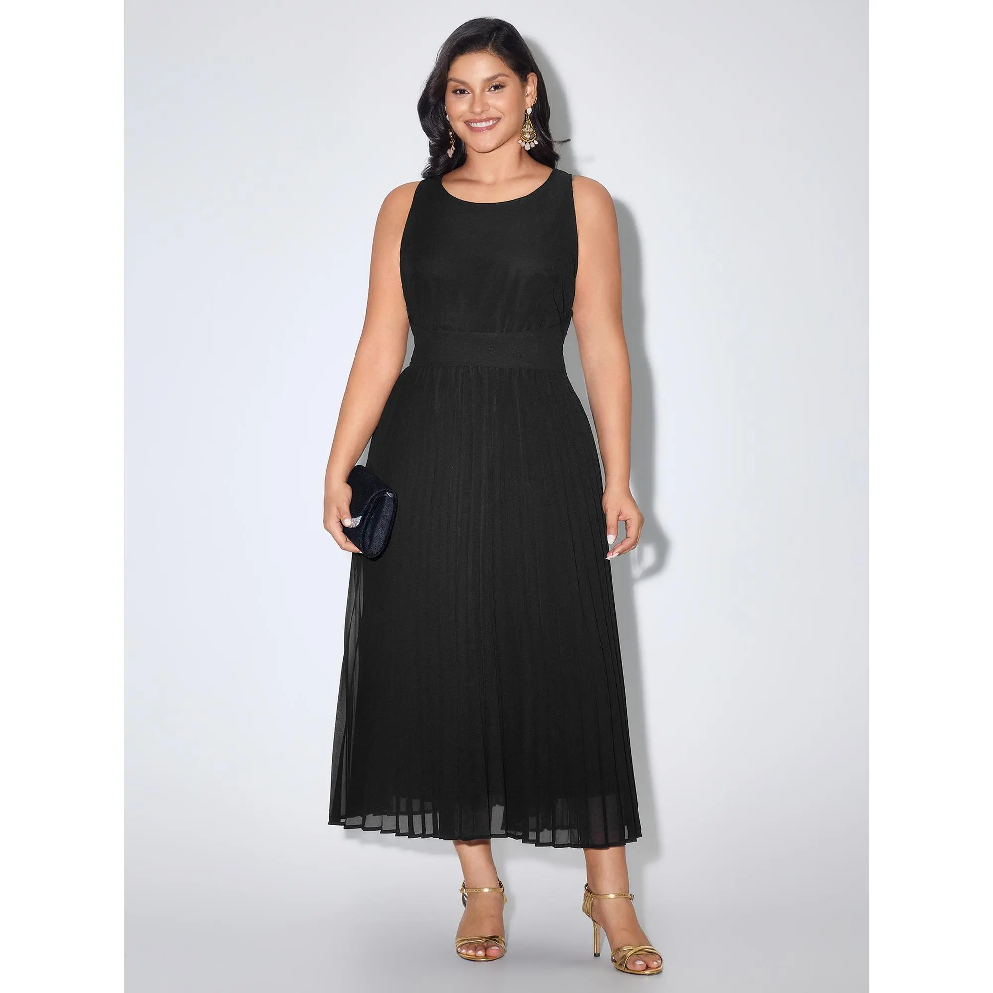 BloomChic Women's Plus Size Solid Polyester Garment Maxi Dress - Sleeveless Cold Shoulder Cocktail Gown with Pleated Waist, Smooth Fabric, Flattering Fit, Hidden Pocket, Summer Casual Wear