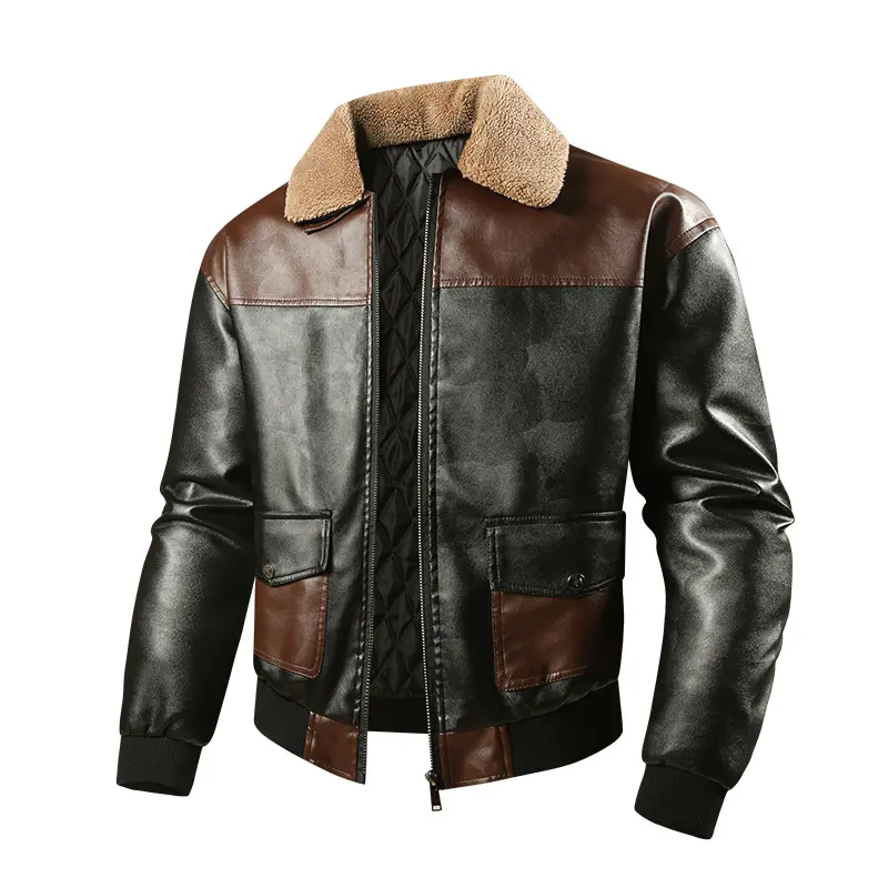 Men's 2-Tone Aviator Jacket with Retro Vibe, Fleece Lined PU Leather with Stitch Detail for Casual Wear, Two-Tone