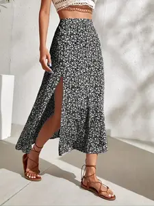 Women's Ditsy Floral Print Slit Hem Skirt, Casual Fashion Skirt for Beach Holiday Vacation, Ladies Bottoms for All Seasons