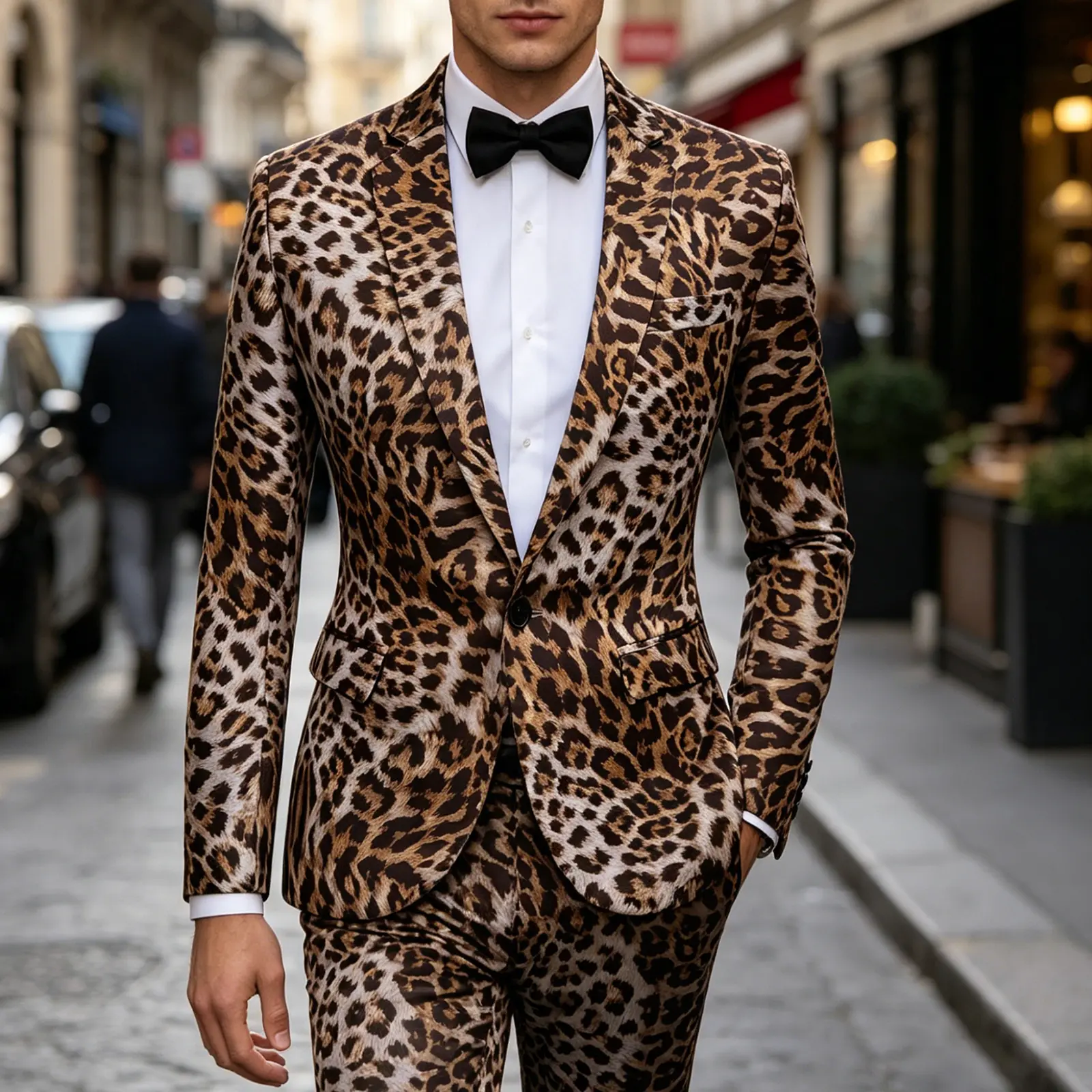 Men's 2-Piece Leopard Print Tuxedo Suit - Slim Fit Blazer & Matching Pants with Bow Tie, Menswear Formal Outfit for Wedding, Prom (White Shirt & Jacket Included), Long Sleeve, Fashion, Set, Fabric, Turtleneck, Formal Wear, Vibe, Stylish, Longsleeves, Chic