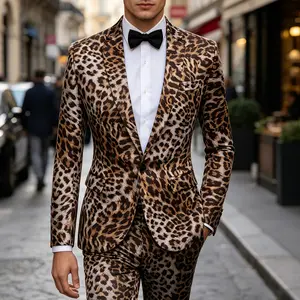 Men's 2-Piece Leopard Print Tuxedo Suit, Slim Fit Blazer & Pants with Bow Tie for Wedding, Prom & Formal Events