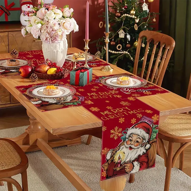 1 piece/5 piece set/7 piece set, Merry Christmas table flag and placemat set, Santa Claus red Christmas table decoration, winter linen farmhouse indoor and outdoor seasonal decorative mats, suitable for holiday family parties, Party Decoration