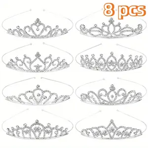 Pack Of 8 Decorative Princess Dazzling Rhinestone Silvery Metal Tiara Crown Headbands Wedding Birthday Party Prom Headpieces for Brides Bridesmaids Women