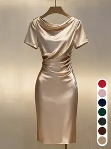 Champagne Satin Dress, Chic Elegant A-Line Midi Dress, Short Sleeves, Solid Color, Gold Button Detail, Summer Formal Evening Party Wear