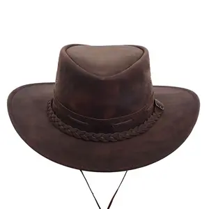 Rustic Leather Cowboy Hat for Men & Women – Genuine Distressed Leather Western Hat with Shapeable Brim, Braided Leather Band