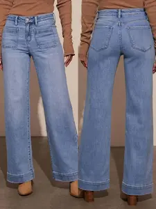 Women's Wide-Leg Loose-Fit Jeans, High-Waisted High Waist Rise Button Fly Denim Jeans with Pockets, Fashionable Basic Comfortable Casual Wear Pants for All Seasons Denim Clothing