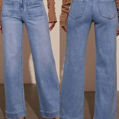 Women's Wide-Leg Loose-Fit Jeans, High-Waisted High Waist Rise Button Fly Denim Jeans with Pockets, Fashionable Basic Comfortable Casual Wear Pants for All Seasons Denim Clothing
