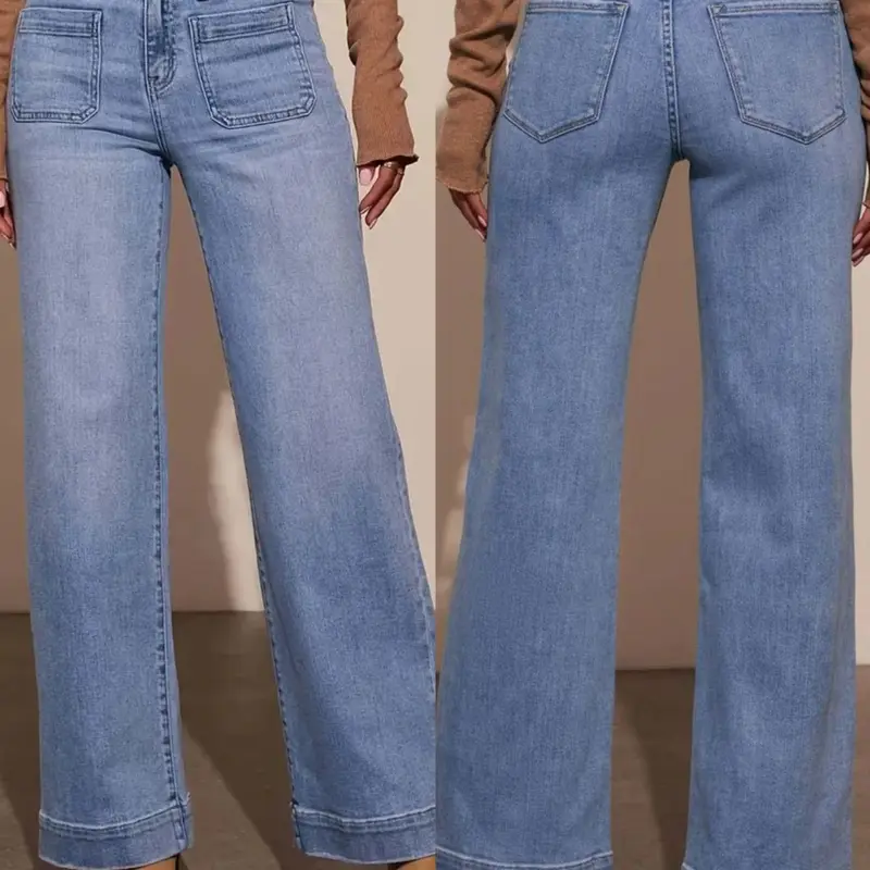 Women's Wide-Leg Loose-Fit Jeans, High-Waisted High Waist Rise Button Fly Denim Jeans with Pockets, Fashionable Basic Comfortable Casual Wear Pants for All Seasons Denim Clothing