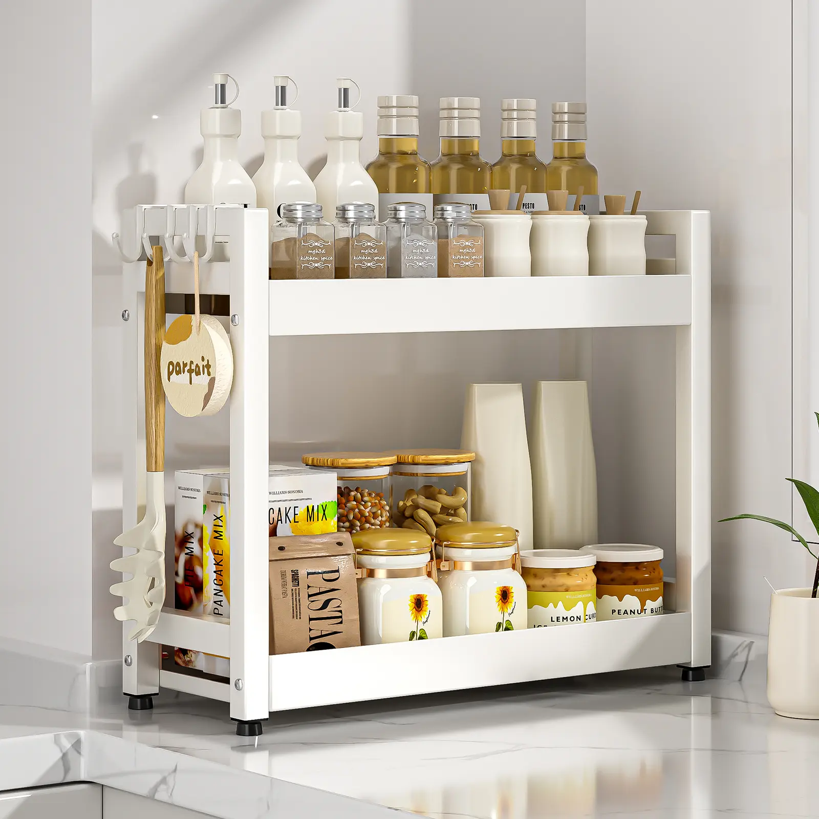Steel 2-Layer Kitchen Spice Rack with Hooks - 1 Count Bottles Organizer Racks & Displays for Kitchen, Room Decor Use