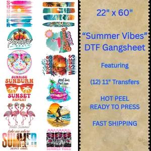 22"x60" "Summer Vibes" Hot Peel DTF Transfer Gangsheet Featuring (12) 11" Size Transfers Ready To Press