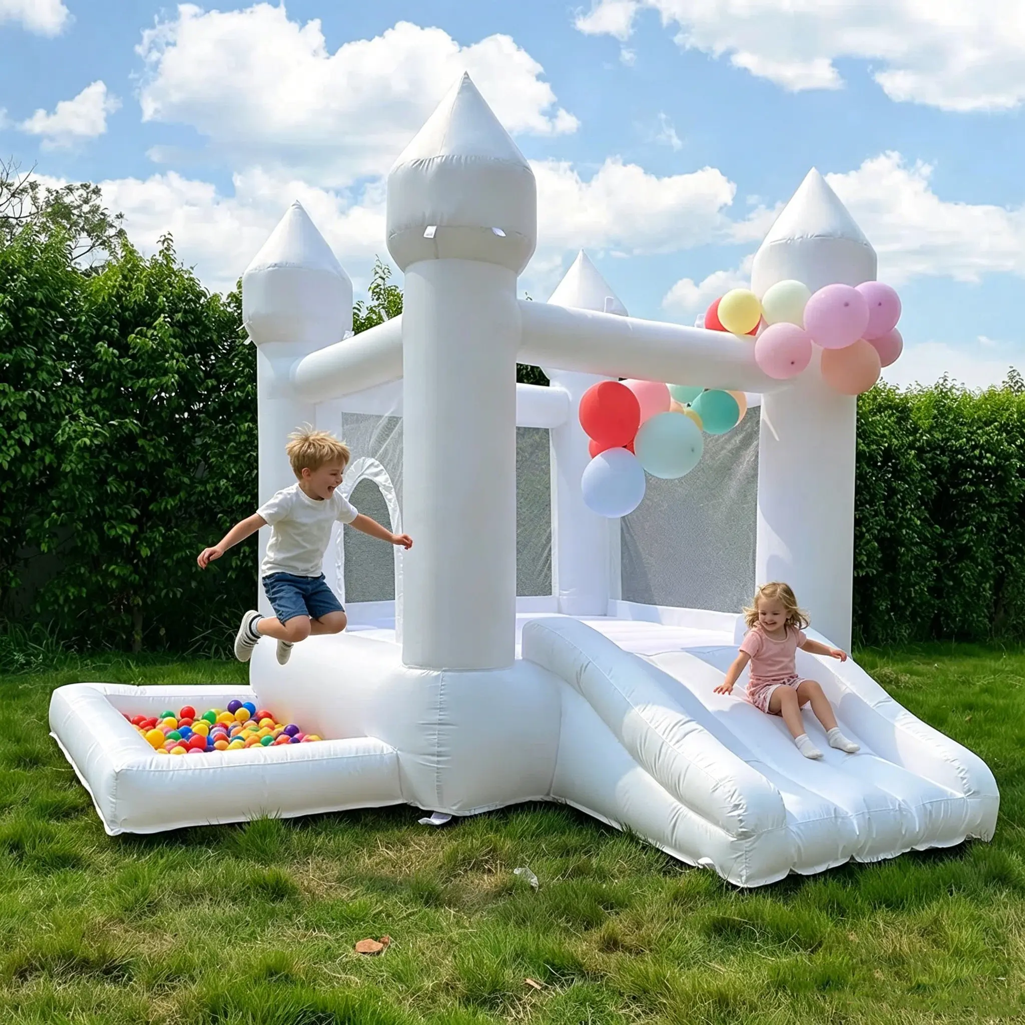 White Multi-Purpose Inflatable Bounce House for Toddlers-Kids, Oxford Fabric Toys with Blower, Storage Bag, Slide, Ball Pit, Zipper Blink - Healthy & Active Play Events Playground Equipment