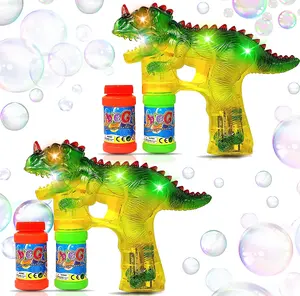 Haktoys 2-Pack Jurassic Dinosaur Bubble Gun Shooter Light Up Blower for Toddlers, Kids, Parties - LED Flashing Lights, Extra Refill Bottle, Sound-Free, Batteries Included