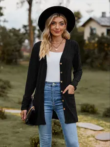 Women's Solid Color Knit Cardigan, Black, Long Sleeve, Button Pocket Design, Tops, Womenswear, Basic Casual Daily Wear, Stylish and Comfortable, Perfect for All Seasons, Knitwear