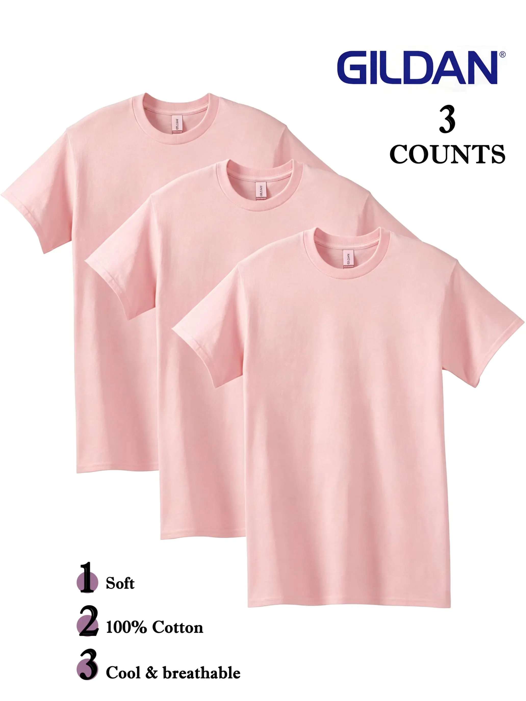 GILDAN G5000 Women's Light Pink 3-Pack Short-Sleeve Crew Neck T-Shirts, Premium Tag-Free Pure Cotton Top, Soft, Comfortable, Durable Basics, Line Dry, S-4XL, Layering & Casual Wear, Wardrobe Staples Undershirts Value Set, Tshirt, Minimalist
