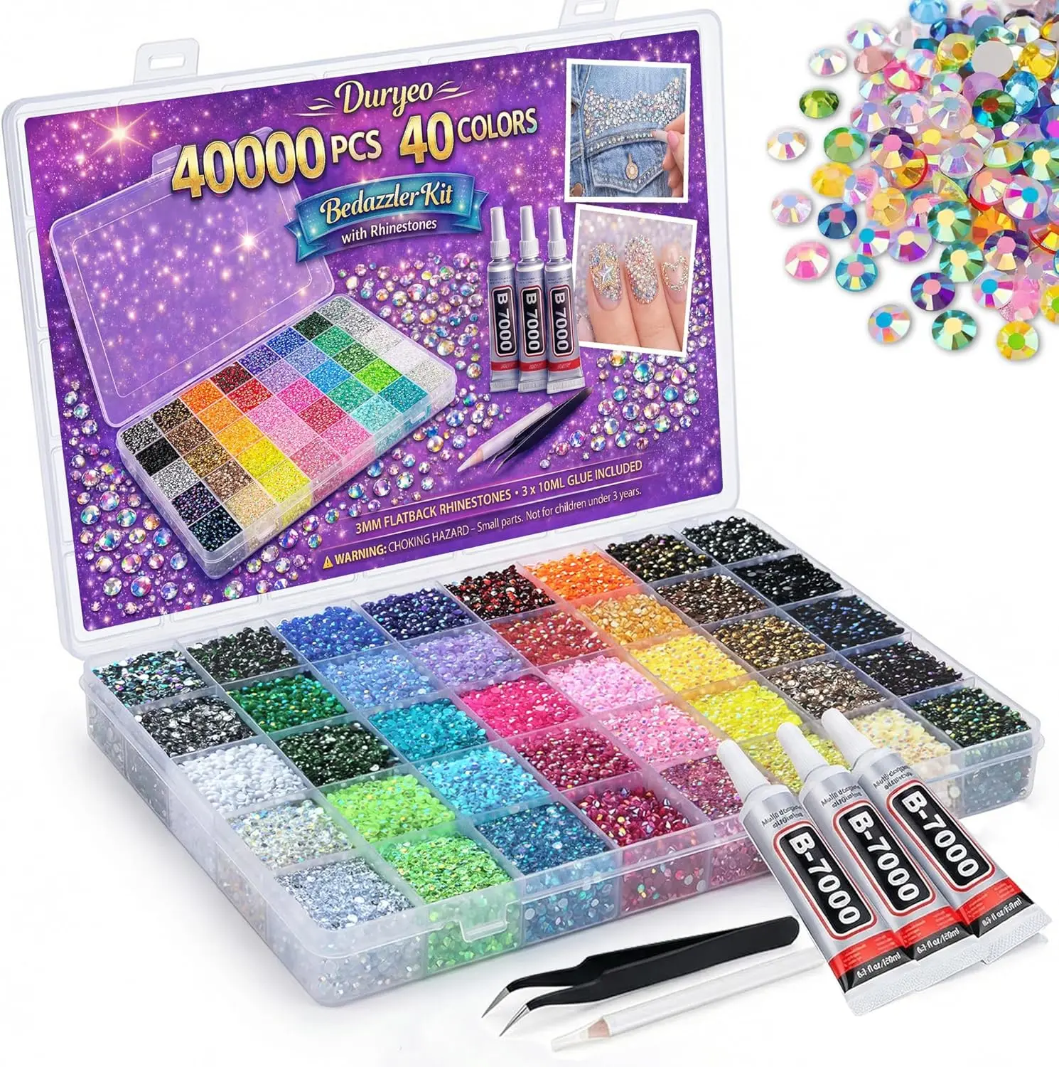 40 Colors -01 Bedazzler Kit Set, 40000 PCS 3mm Flatback Resin Rhinestones, 3Pcs B7000 Jewelry Glue, Tools, Nails Kit Set for Nail Art, Clothes, Shoes Crafts with Apply Glue Function