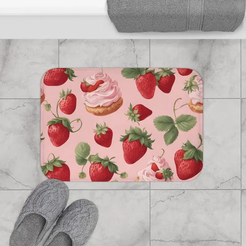 Bathroommat, Strawberry Shortcake Toile Bath Mat - Blush Pink Vibrant Bathroom Decor Bath Mat Bedroom, Or Study Decor Fast Drying Anti-Slip Soft Carpet For Bathroom Shower Laundry Room Kitchen All Season Home Decor Bathr Soft Flannel Bath Mat