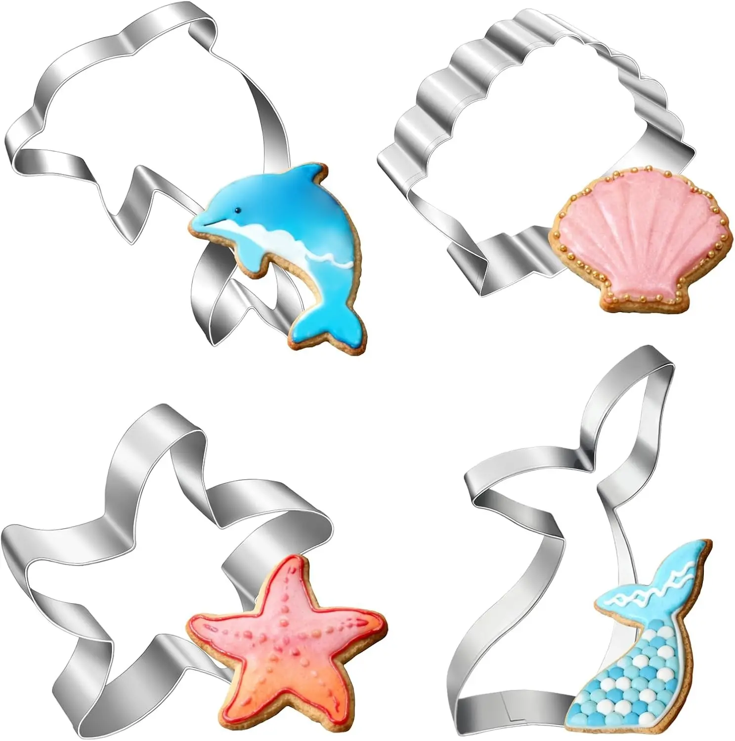 4" Large Under The Sea Creatures Cute Cookie Cutters 4Pcs With Mermaid Tail Starfish Seashell Dolphin Shapes For Holiday Themed Parties