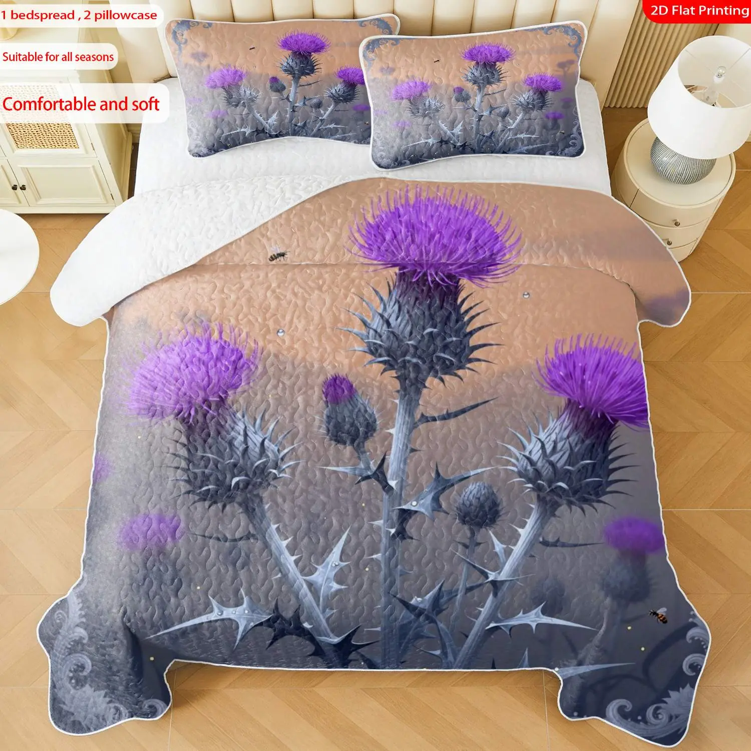 3pcs, 2D Flat Print Elegant Thistle Botanical Artwork Quilted Bedspread Set, Romantic Purple Floral Design, Multiple Sizes Available, Bedding Set, Festive Decorative Bedding, Ideal for Bedroom Decor(1 bedspread , 2 pillowcase)