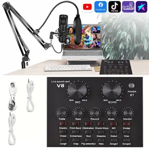 Live sound card | Driver free plug and play, audio interface DJ mixer, with BM-800 condenser microphone set, fully compatible with iPhone/Android/computer, no explosion or dual sound, professional podcast equipment for live streaming, recording, singing,