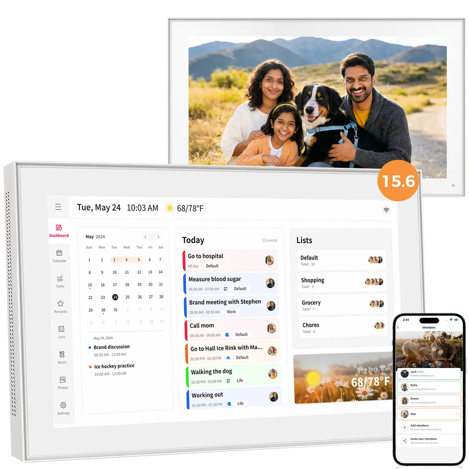 15.6 Inch HD Smart Touch Screen Digital Calendar - 1920x1080 Resolution, Calendar Apps, Dual Control, Meal Schedule, Duty Chart, Home Interactive, Built-in Photo Frame, Wall-Mountable (White), Hd Touch