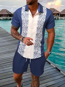 Men's Gingham Print Short Sleeve Shirt & Shorts Two-Piece Set, Regular Fit Casual Button Down Collared Top & Shorts, Men's Summer Outfits, Menswear