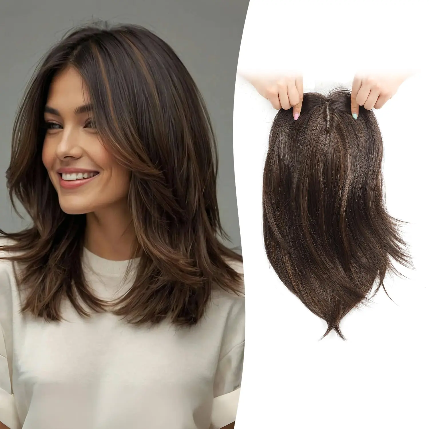 Ms Taj 12in Clip-in Hair Topper for Women with Thinning Hair - 6.5"X6.5" Big Base, Layered, Natural Fluffy, Medium Brown with Highlights, Detachable Extensions & Pieces, Synthetic Hairpiece for Wedding