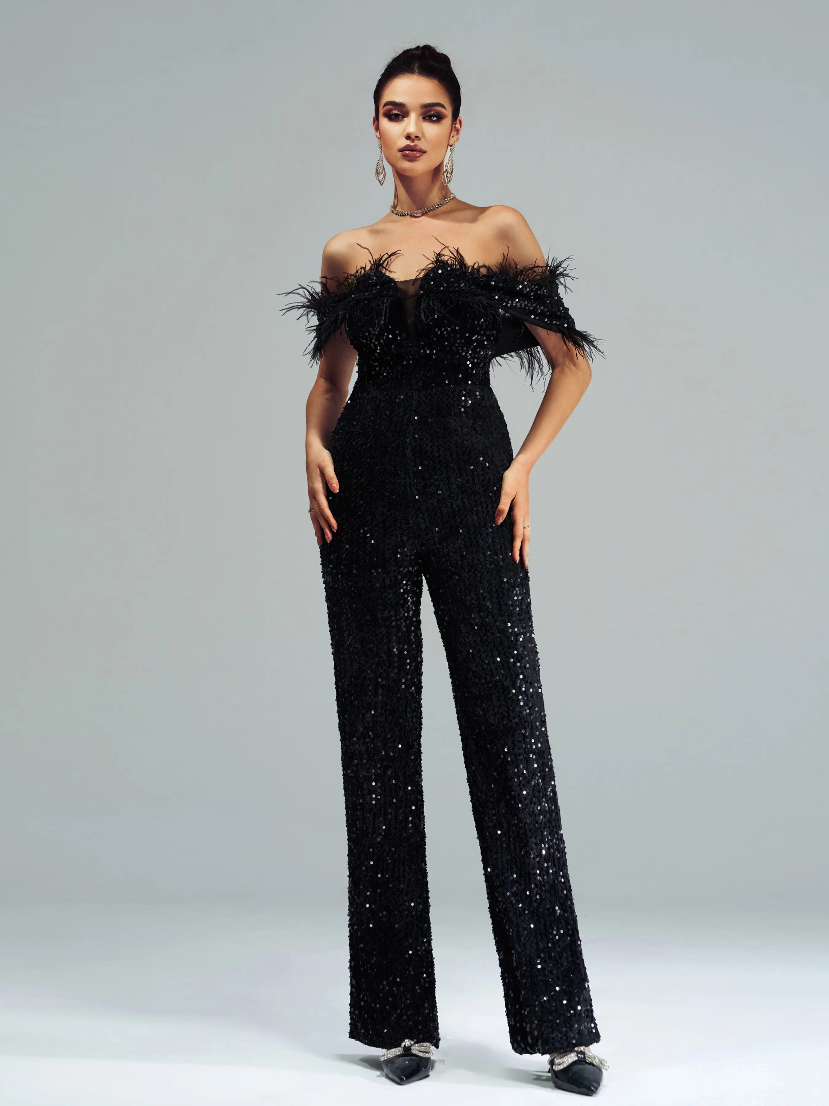 MISSORD Off Shoulder Feather Jumpsuits Womenswear Overalls Black Slight Stretch Back Zipper Padded Sleeveless