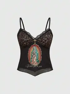 Fairycore Y2K Maria Holy Patchwork Leopard Print Rhinestone Lace Camisole Top, Goth Style, Gothic Style