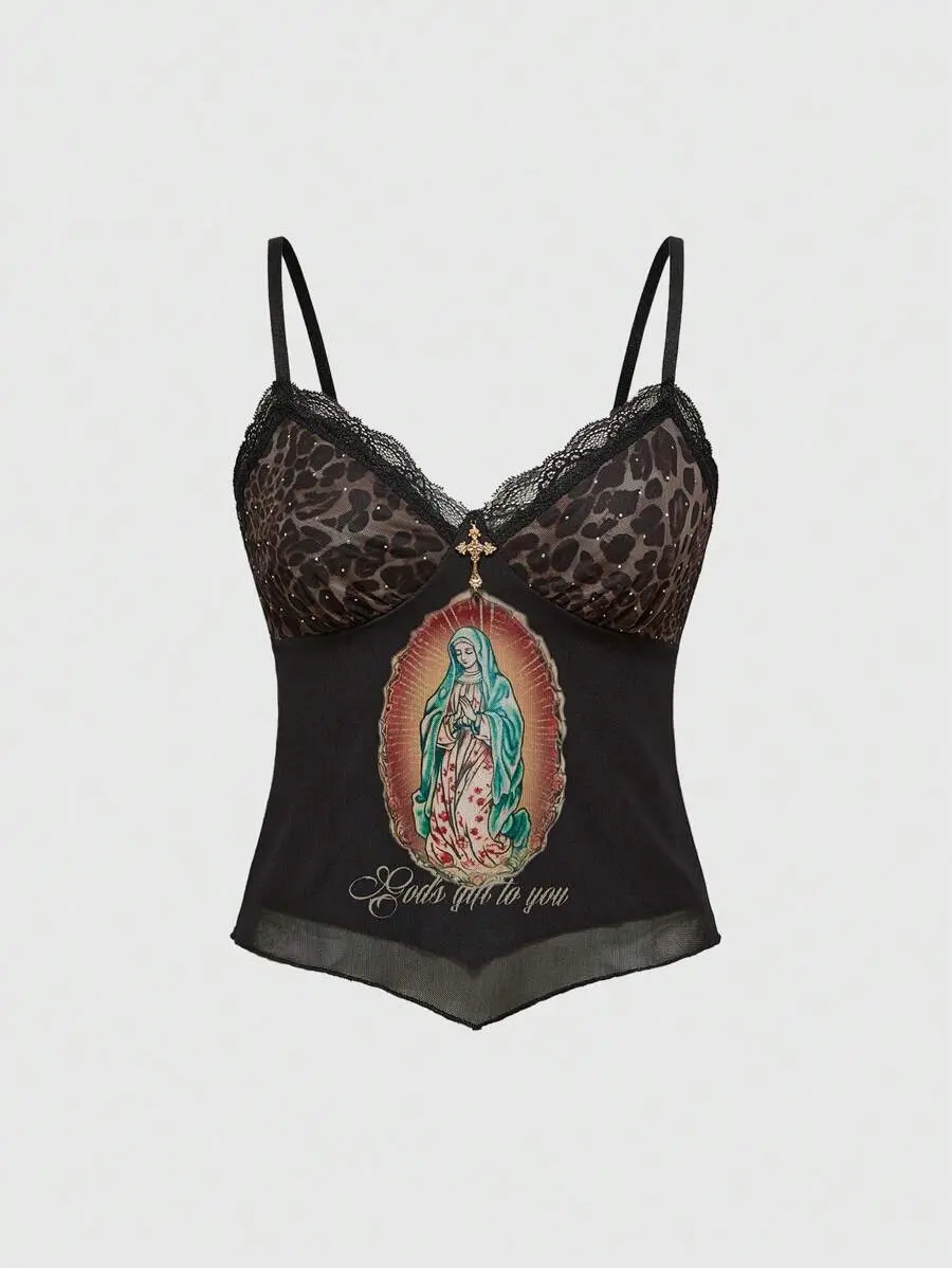 Fairycore Y2K Maria Holy Patchwork Leopard Print Rhinestone Lace Camisole Top, Goth Style, Gothic Style