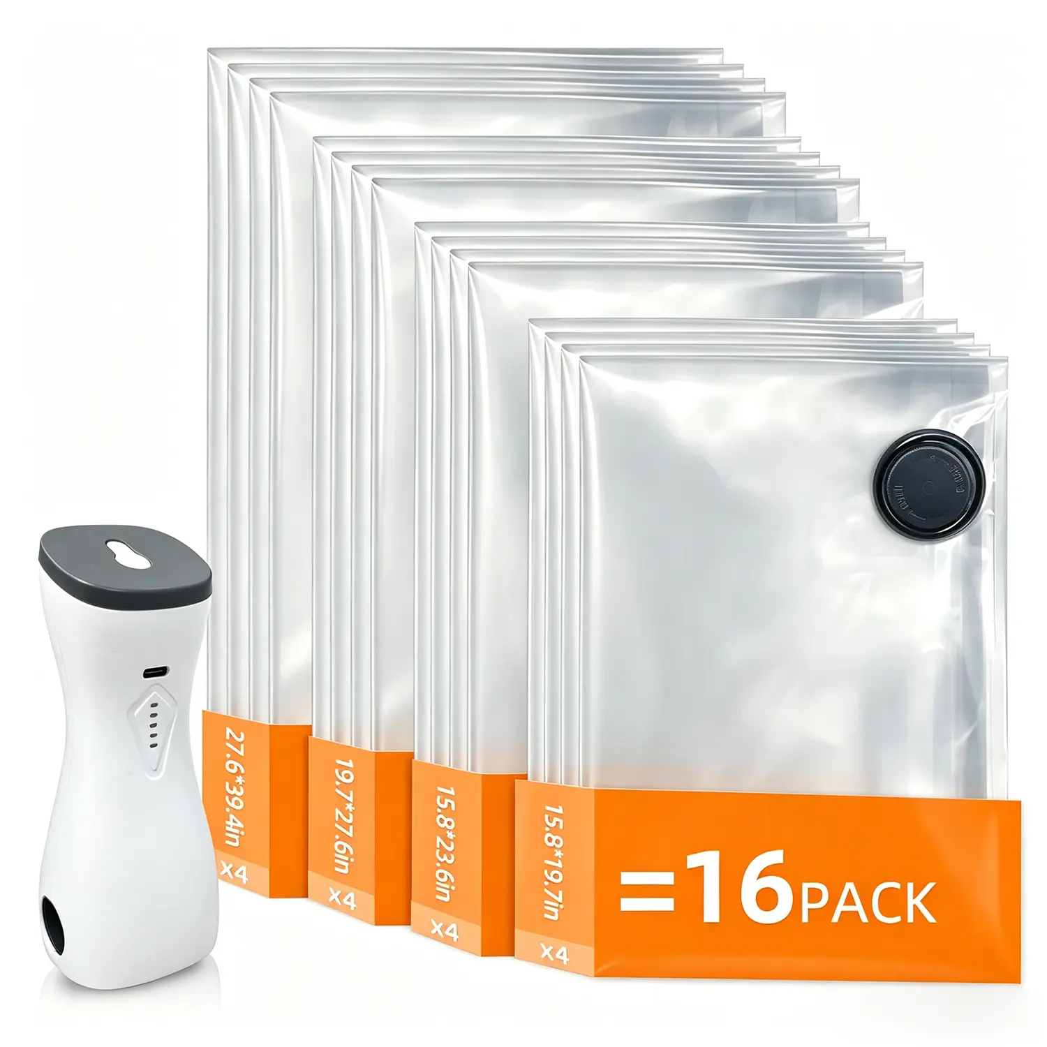 2-in-1 Rechargeable Air Pump Vacuum Storage Bags, Inflation/Deflation Dual Use Travel Compression Bags, 16Pack Reusable Space Saver Bags for Suitcase, Clothes and Home Wardrobe(Gray and white)