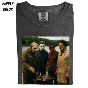 Vintage Horror Legends BBQ Shirt, JAAson MichAAel Freddy Leatherface Cookout Tee, Funny Scary Movie Graphic Tee, Retro Slasher Party Tee, Gift for Men, Gift for Women, Crew Neck T-shirt, Trending T-shirt