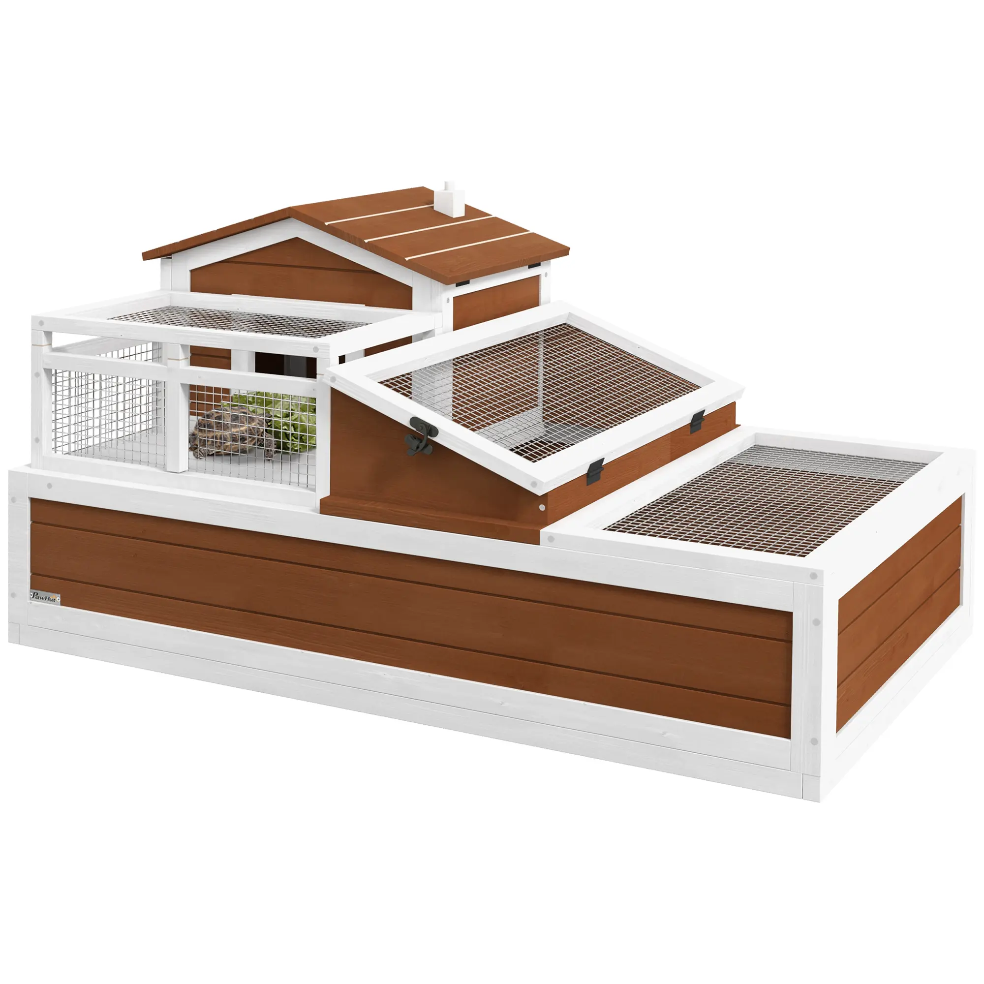 PawHut 3- Room Tortoise House Habitat with Balcony & 2 Stories, Indoor/ Outdoor Wooden Tortoise Enclosure with Ladder, Tray, Openable Roof, Large Reptile Cage, 44" x 25.5" x 23", Gray