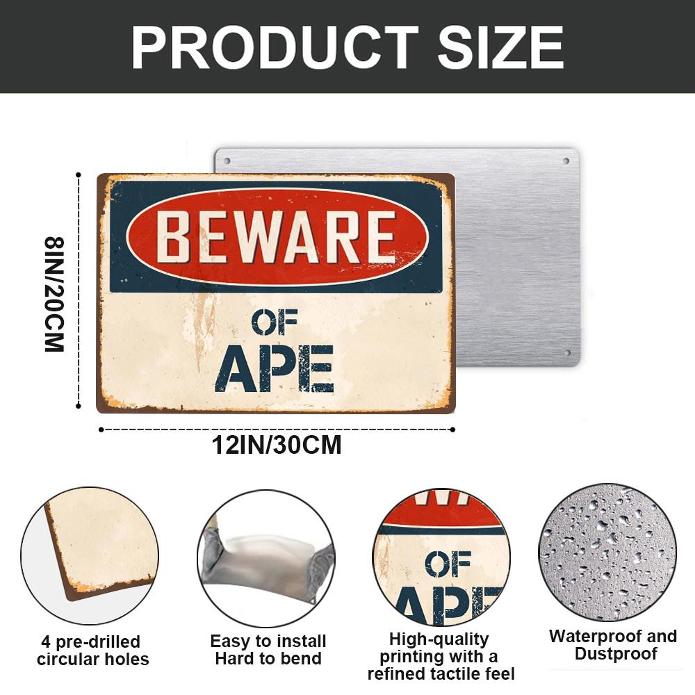 Beware of Ape Sign,8x12 Inch Aluminum Vintage Warning Sign,Weatherproof Outdoor Novelty Security Sign,Rust-Free Metal Funny Yard Sign for Home Garden Decor