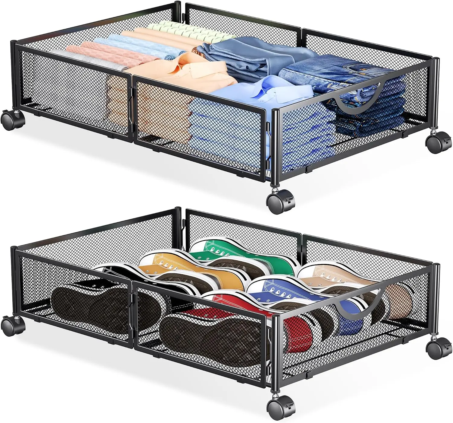 Yecaye 2-Pack Under-Bed Storage Drawers with Wheels, Tool-Free Metal Organizers for Clothes, Shoes, Toys & Bedding, Black