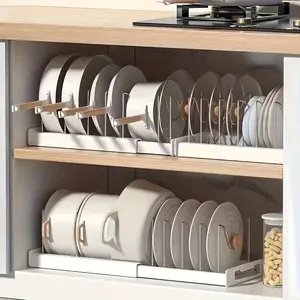 Multi-Functional Telescopic Kitchen Storage Rack - Expandable Kitchenware Storage Rack, Cabinet Cookware Rack, 7 Adjustable Compartments and Pot Cover Brackets, Plate Storage Rack, Cabinet Storage Rack for Pots, Utensils, Lids, and Baking Utensils