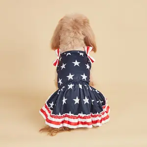 Striped Dress Shirt Cute Bowknot Sundress American Flag Stars Printed Princess Summer Puppy Apparel Clothes with Ruffles for Small Dogs Cats Puppy Independence Day Clothing Costumes Outfits